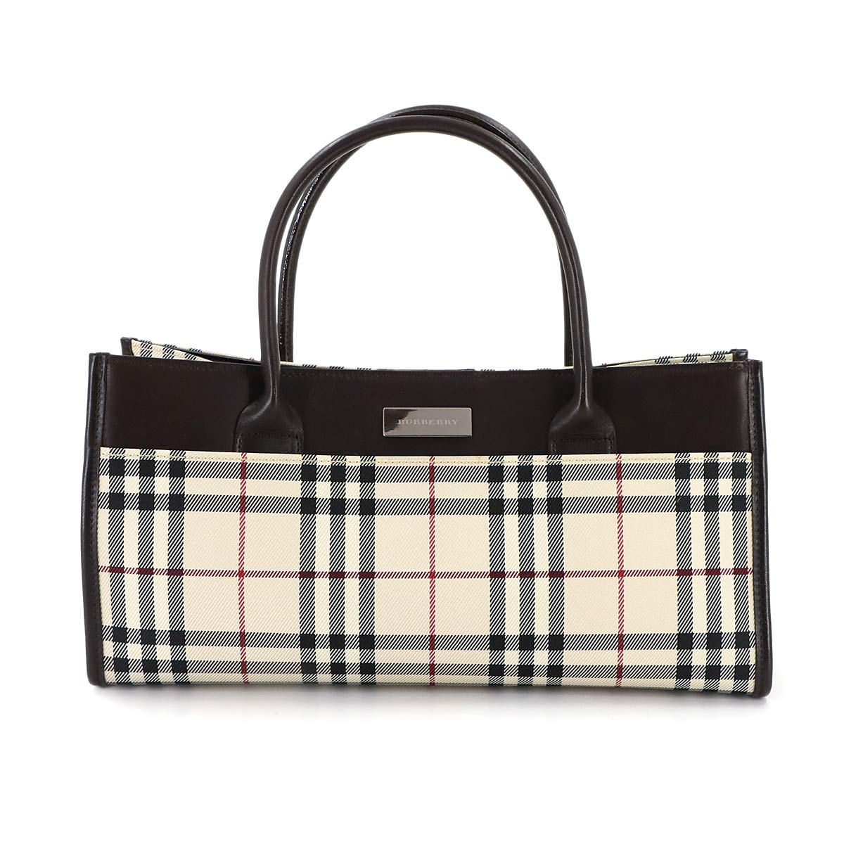 Plaid Hand Bag Canvas Leather Beige Brown Purse