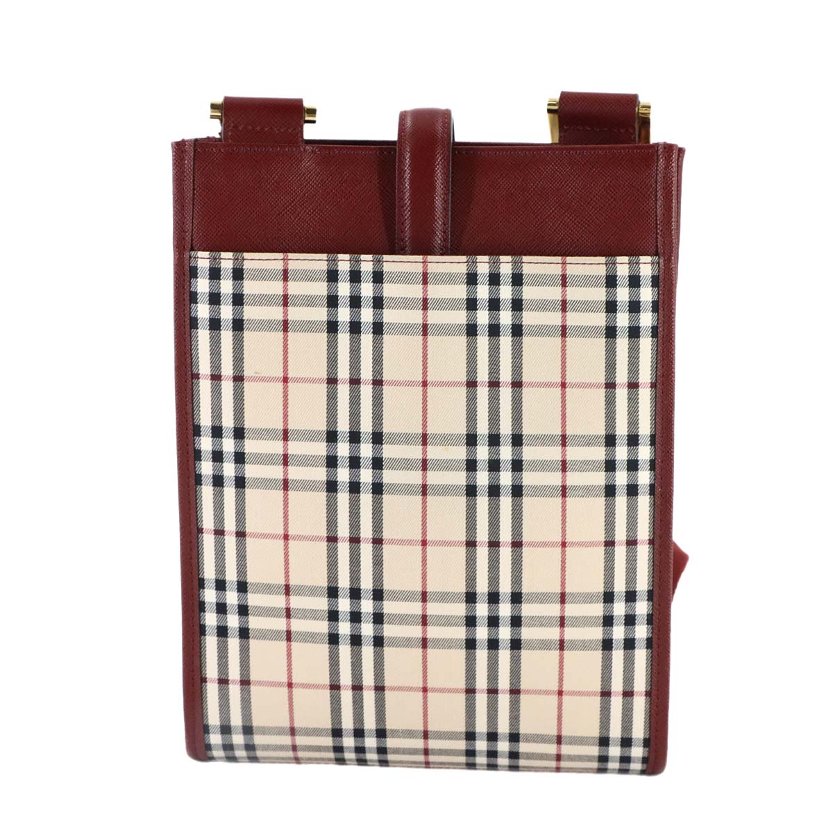 Shoulder Bag Canvas Leather Beige Bordeaux Plaid Purse