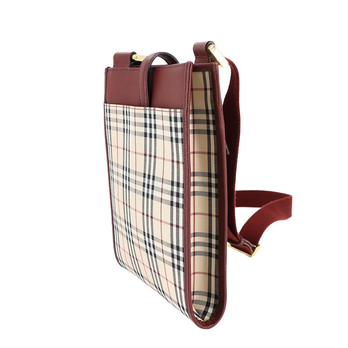 Shoulder Bag Canvas Leather Beige Bordeaux Plaid Purse