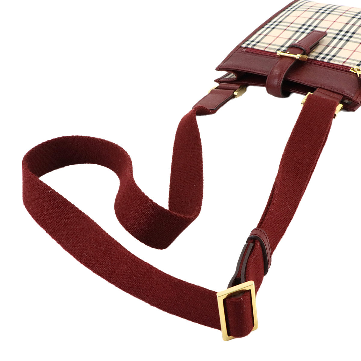 Shoulder Bag Canvas Leather Beige Bordeaux Plaid Purse