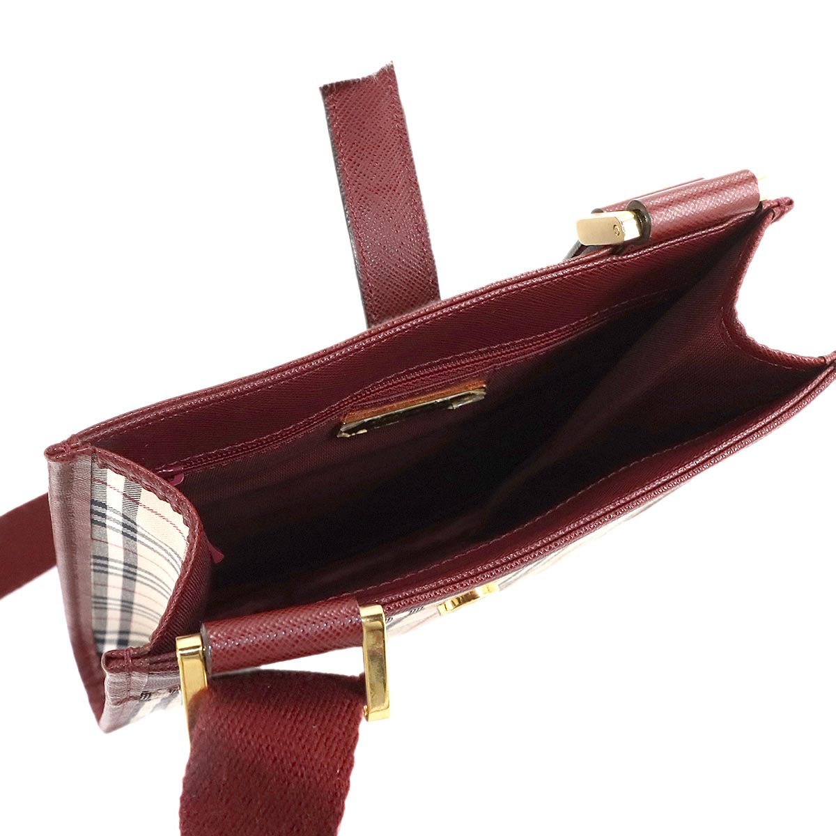 Shoulder Bag Canvas Leather Beige Bordeaux Plaid Purse