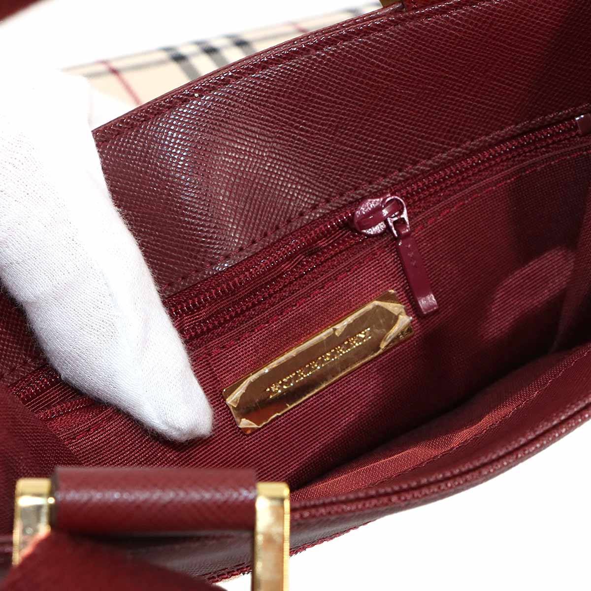 Shoulder Bag Canvas Leather Beige Bordeaux Plaid Purse