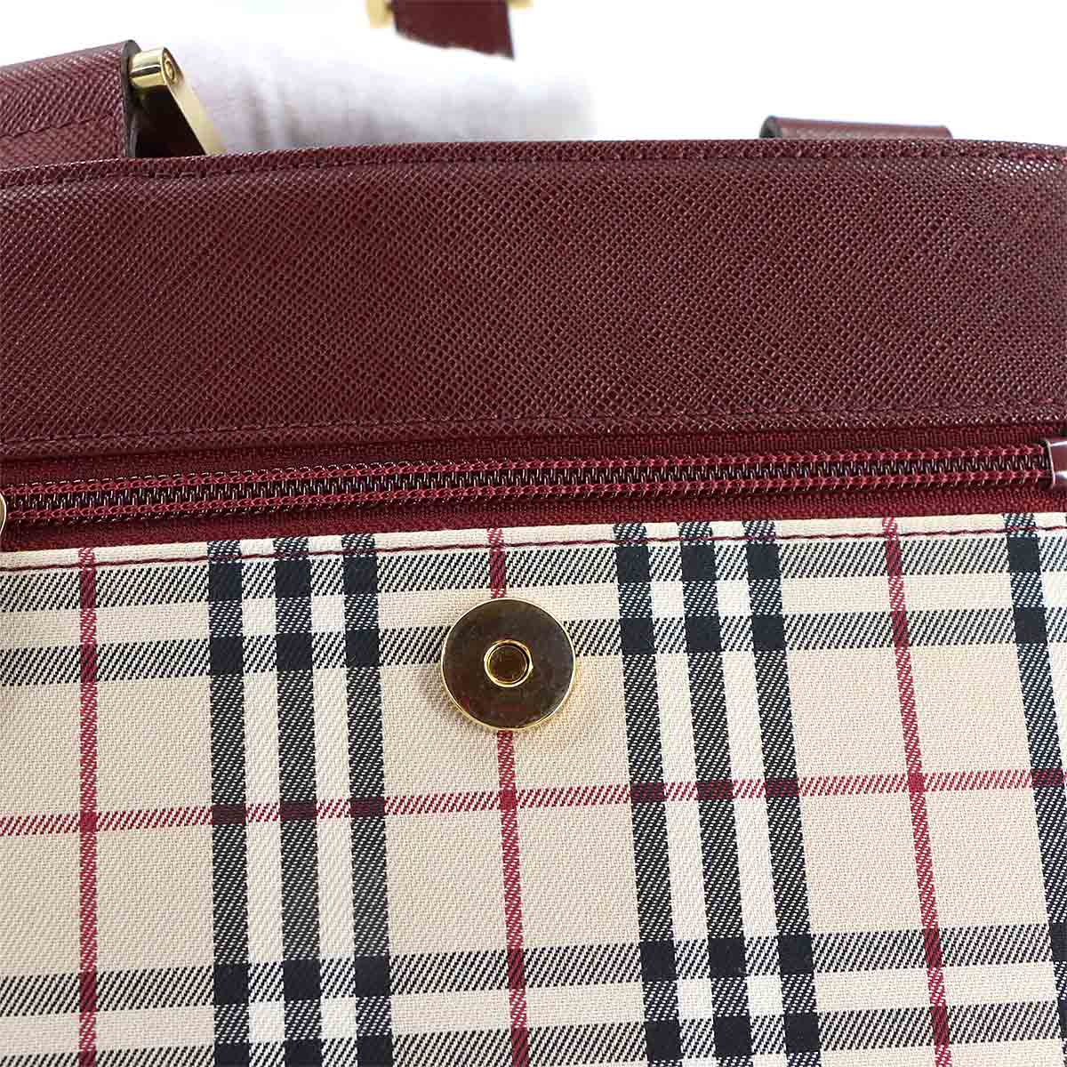 Shoulder Bag Canvas Leather Beige Bordeaux Plaid Purse