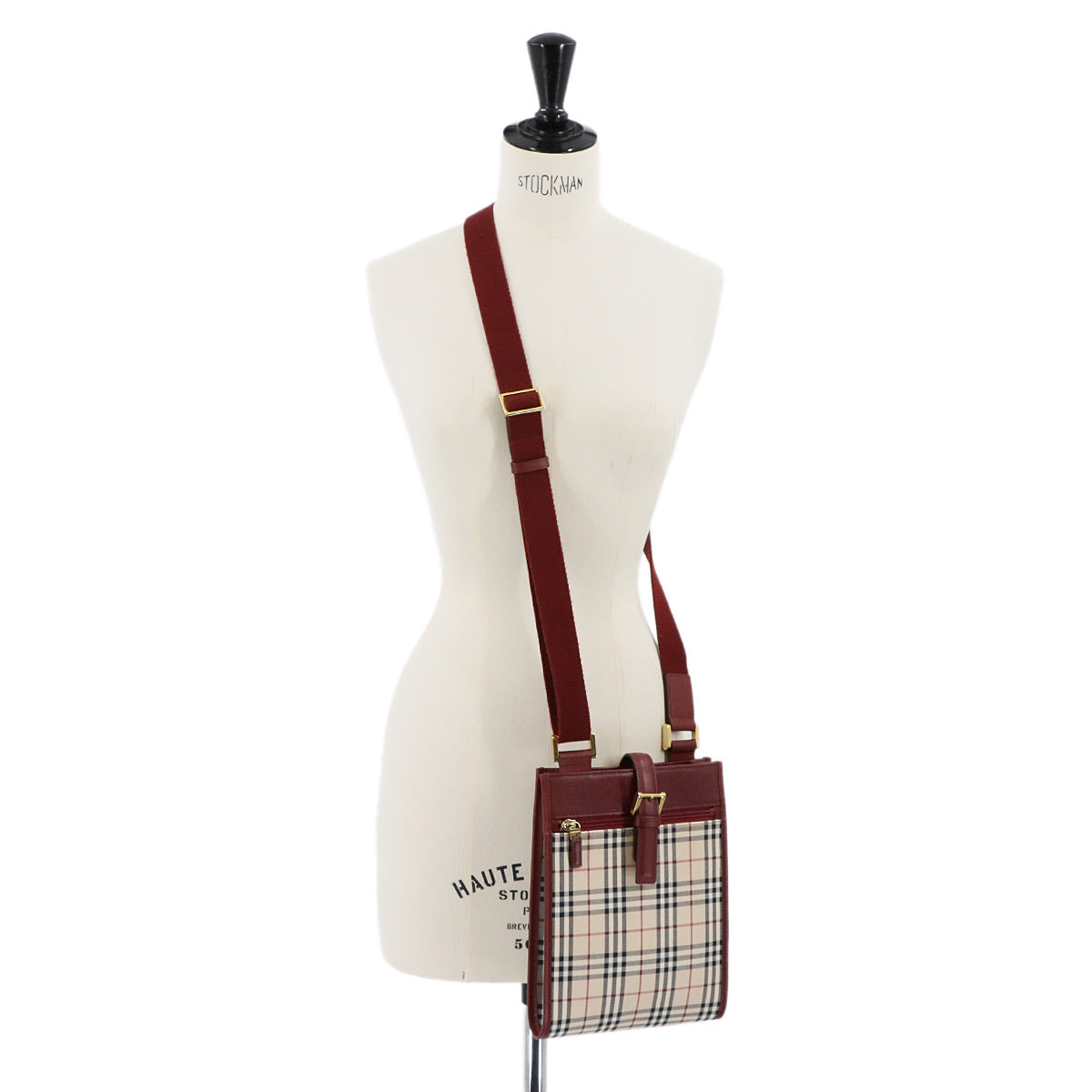 Shoulder Bag Canvas Leather Beige Bordeaux Plaid Purse