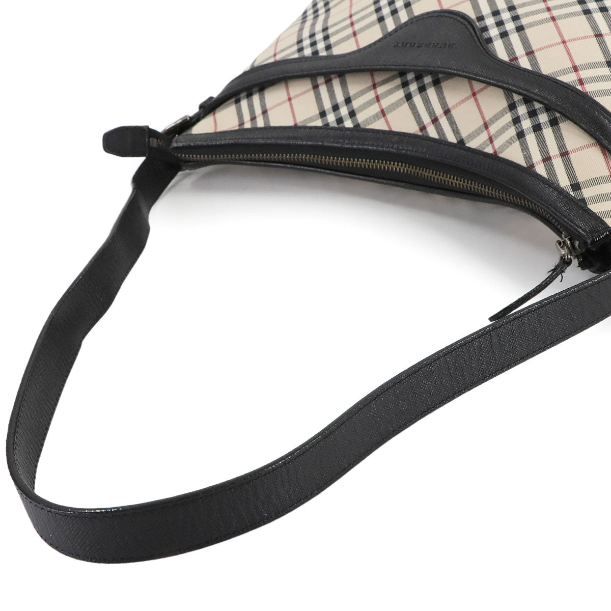 Shoulder Bag Canvas Leather Beige Black Plaid Purse