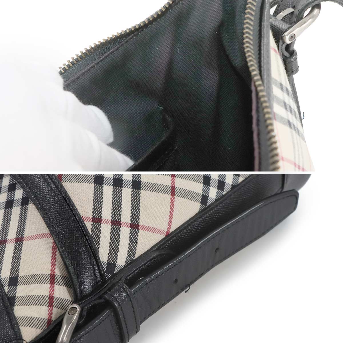 Shoulder Bag Canvas Leather Beige Black Plaid Purse