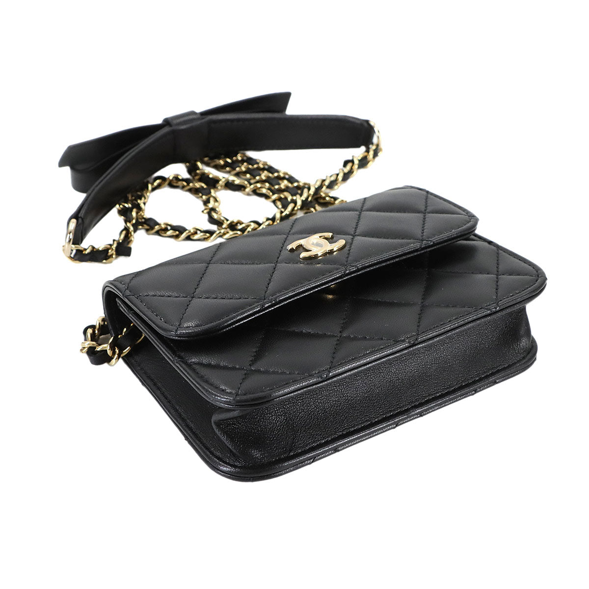 Mini Mini Matelasse Chain Shoulder Bag Leather Black Ribbon