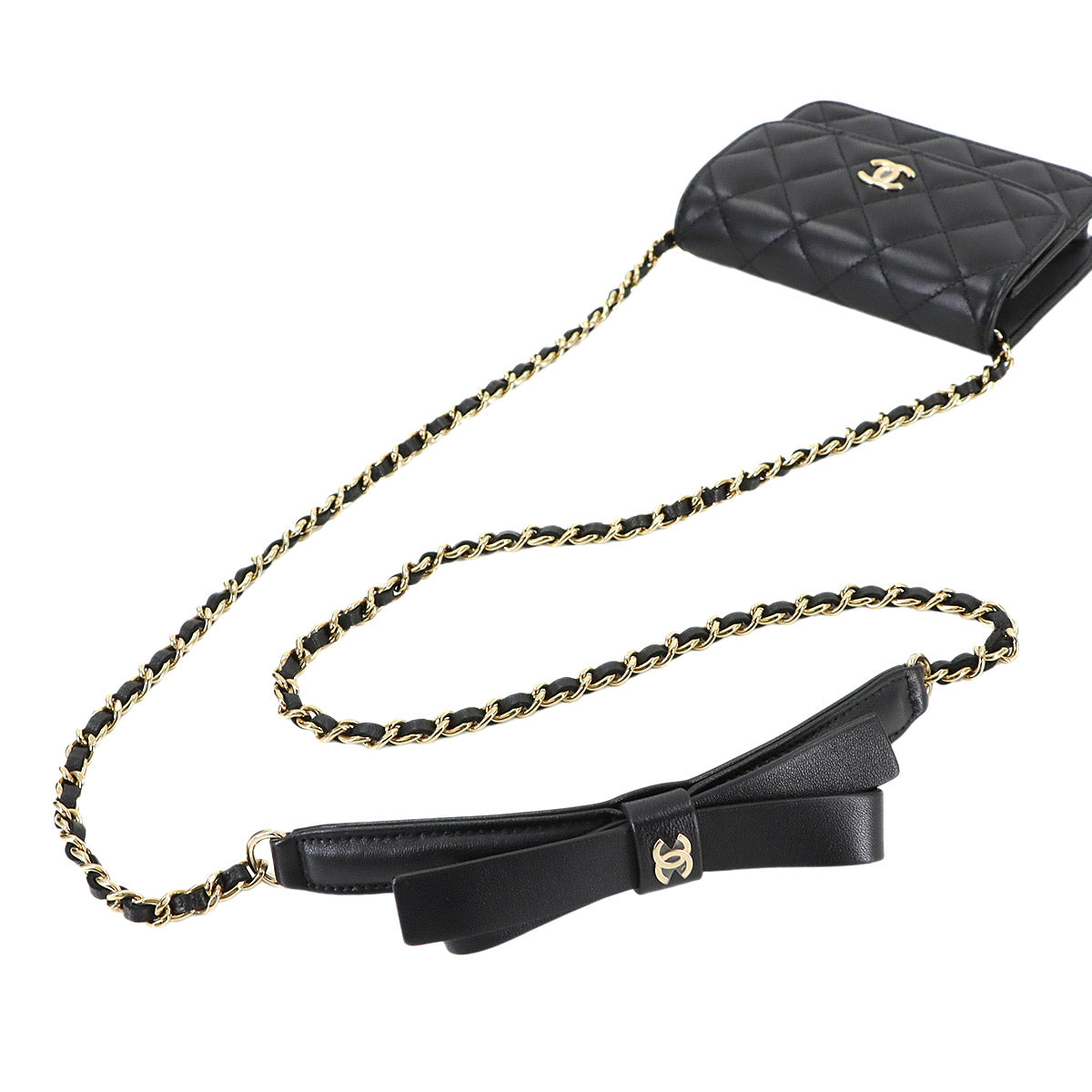 Mini Mini Matelasse Chain Shoulder Bag Leather Black Ribbon