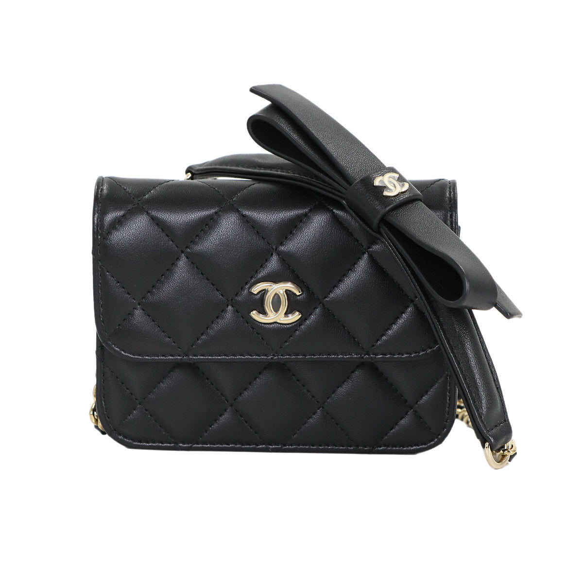 Mini Mini Matelasse Chain Shoulder Bag Leather Black Ribbon