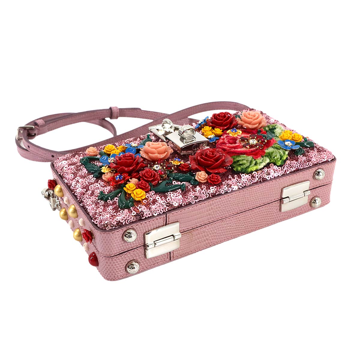 Flower motif Shoulder Clutch Bag Leather Sequins Pink