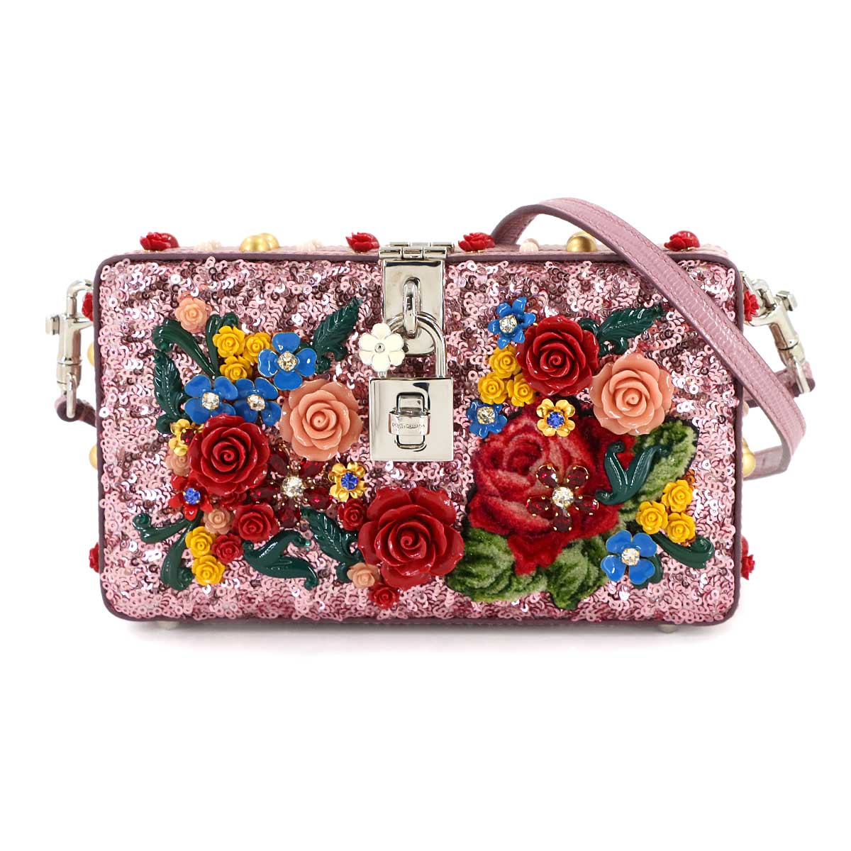 Flower motif Shoulder Clutch Bag Leather Sequins Pink