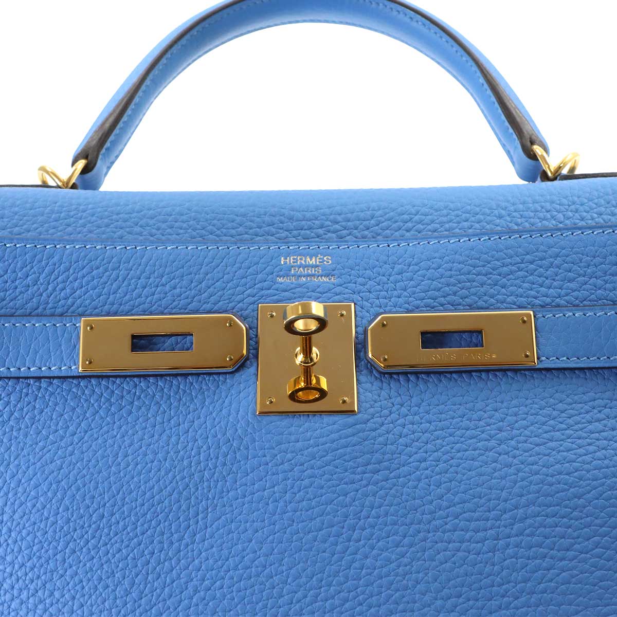 Kelly 32 Taurillon Clemence Bleu Paradis Hand Shoulder Bag