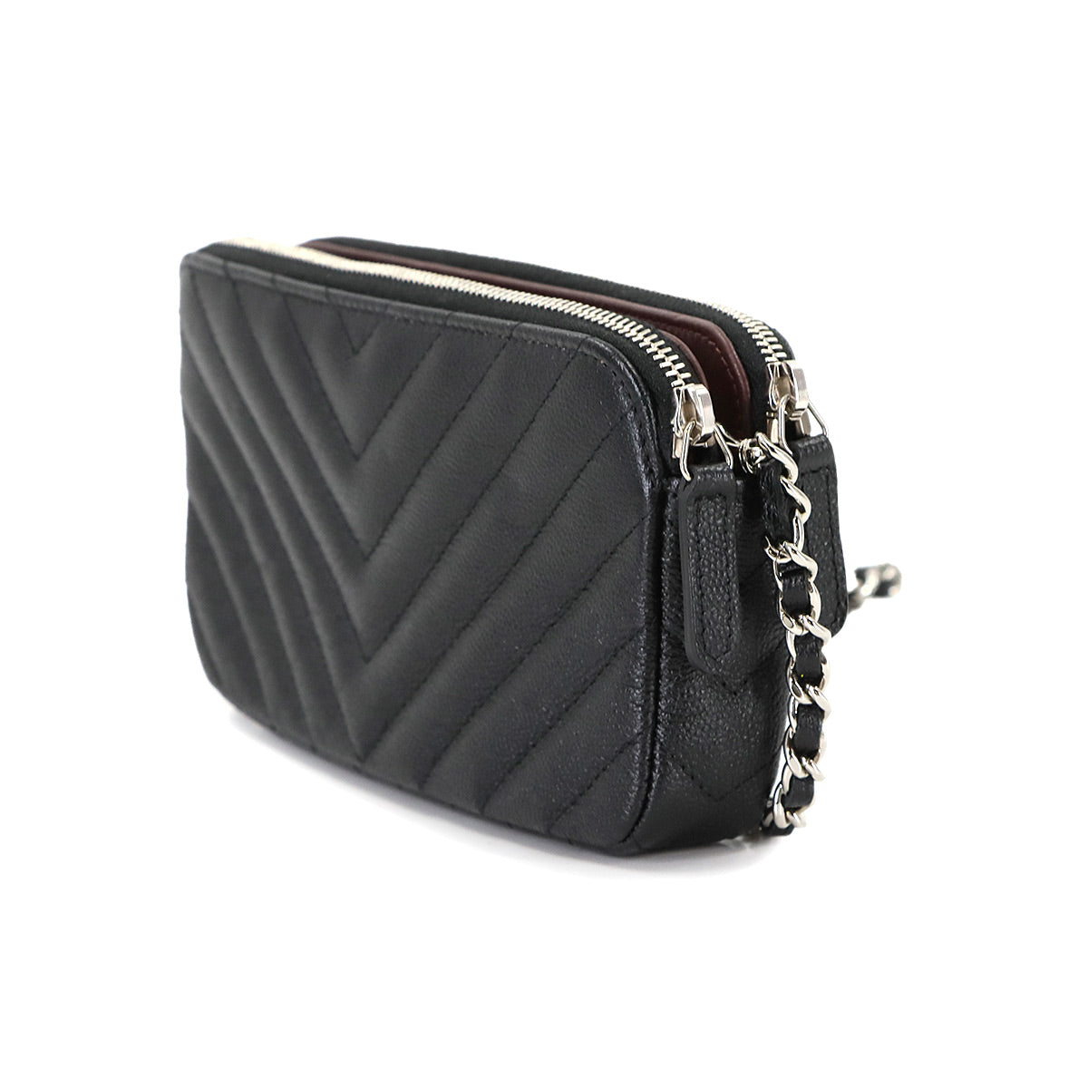 V stitch W Zipped Chain Long Wallet Leather Black A82527