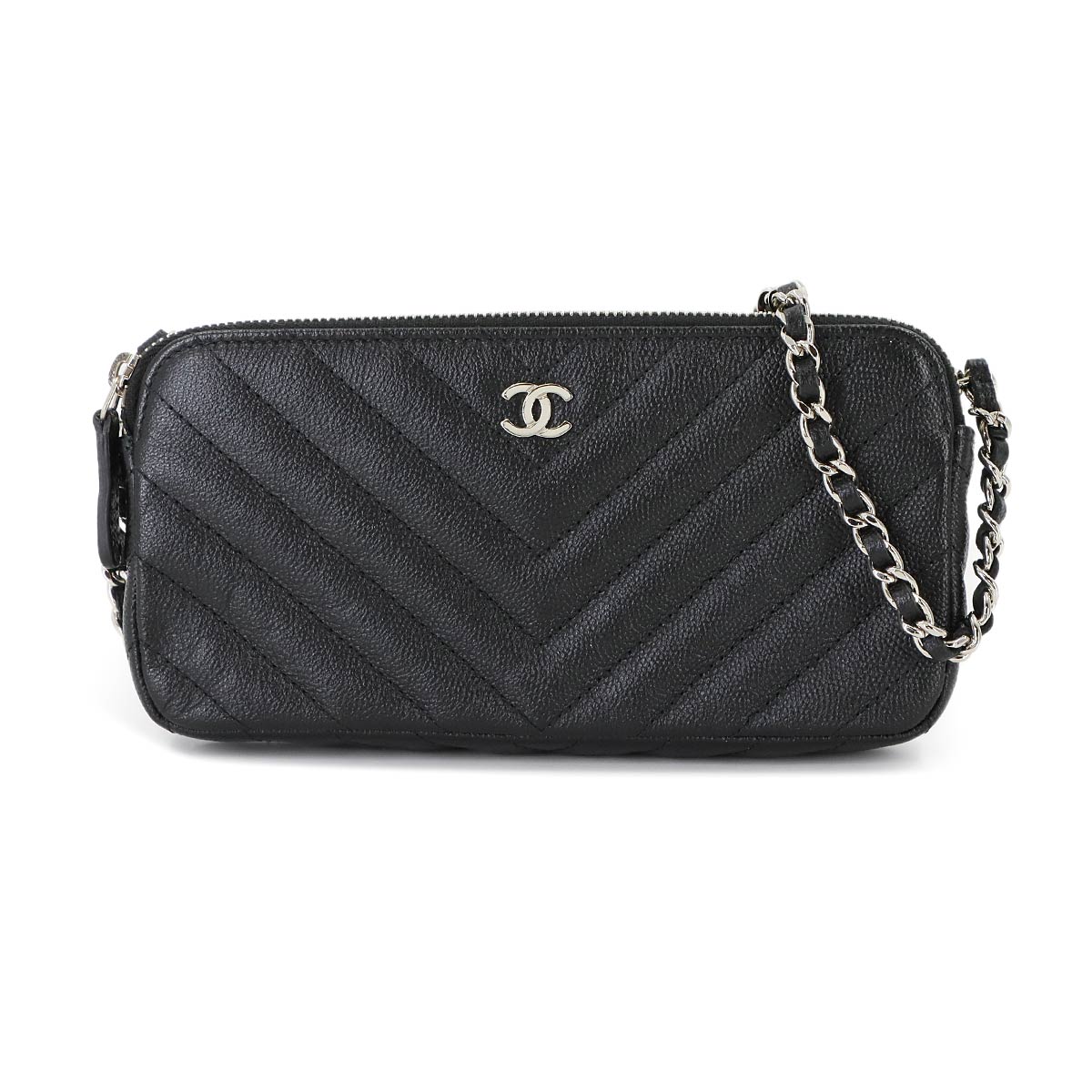 V stitch W Zipped Chain Long Wallet Leather Black A82527