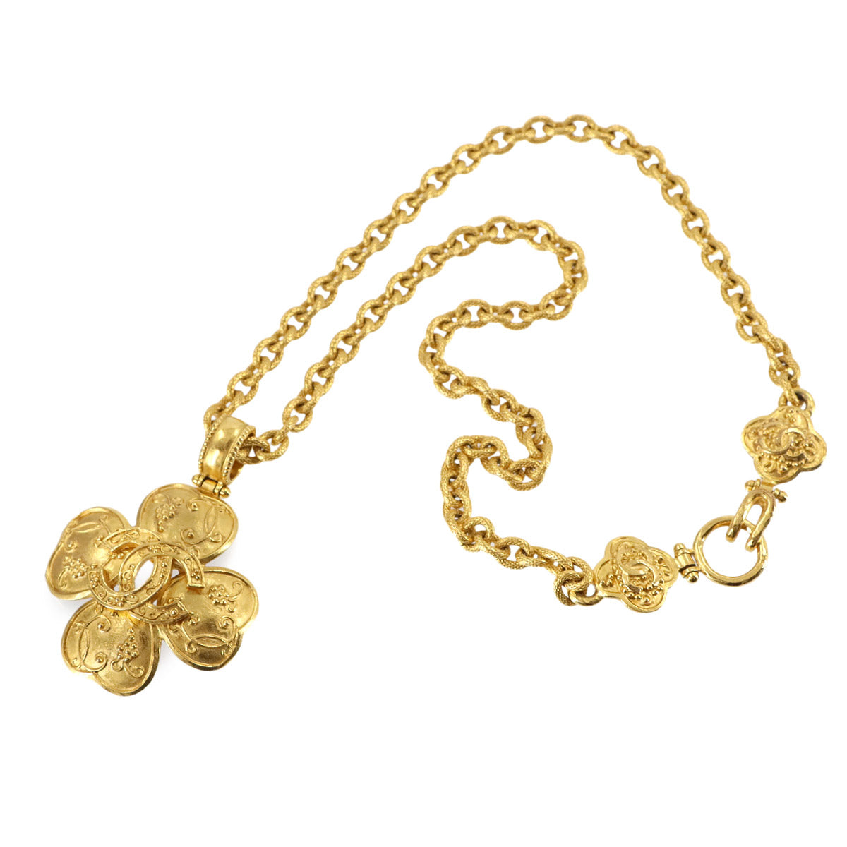 Clover Coco Logos Long Necklace Gold 96A Vintage Accessory