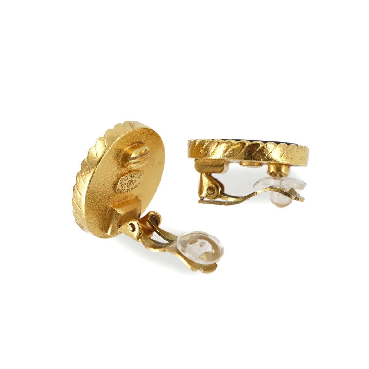 Round type Coco Logos Earrings Black Gold 97P Vintage Accessory