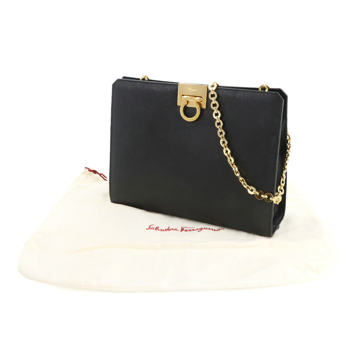 Gancini Chain Shoulder Bag Leather Black 21 8753