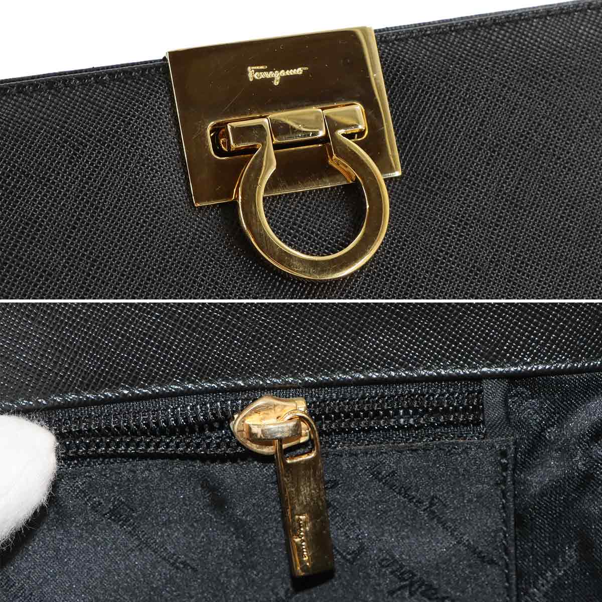 Gancini Chain Shoulder Bag Leather Black 21 8753