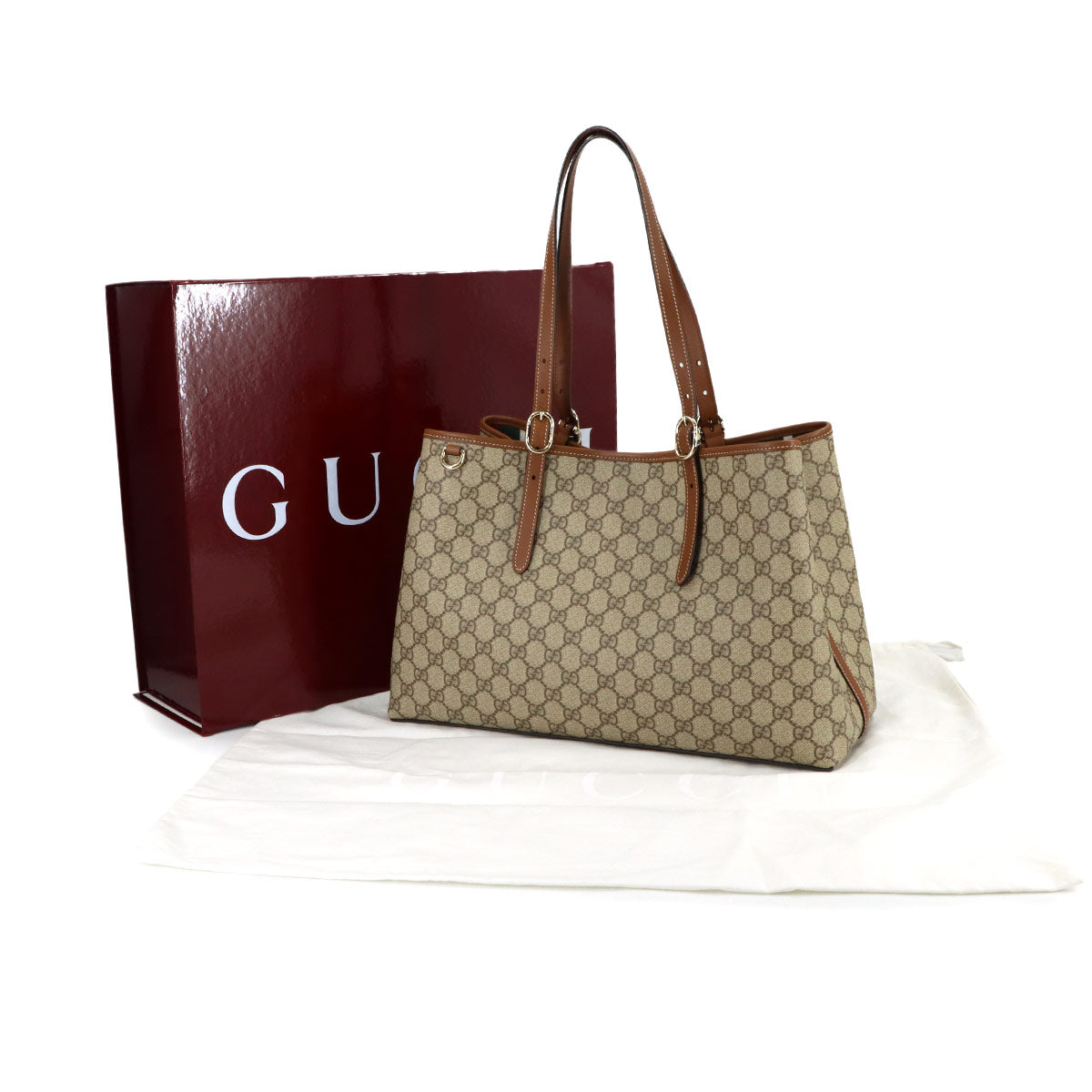 GG Emblem Large Tote Bag Beige Brown Leather 815213 Purse
