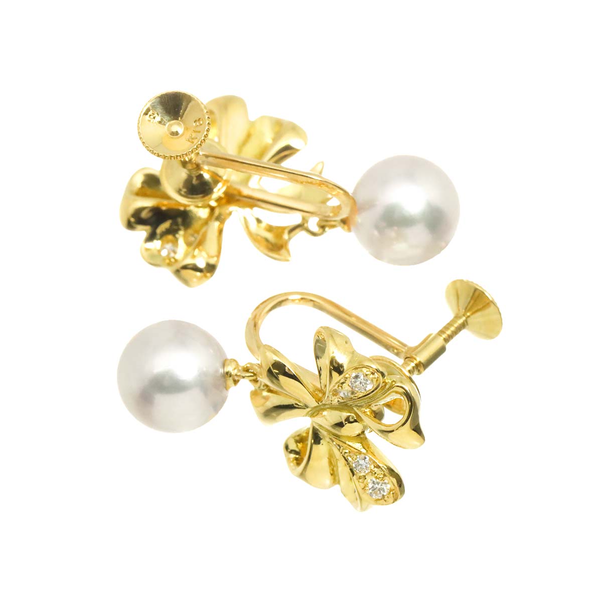 Akoya Pearl 7.6mm Diamond Earrings 18K Yellow Gold 750