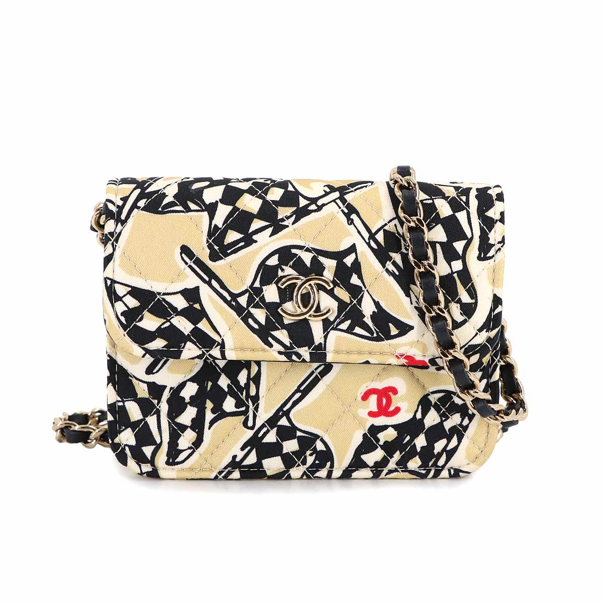 Matelasse MiniMin Chain Shoulder Bag Canvas Beige Checkered flag