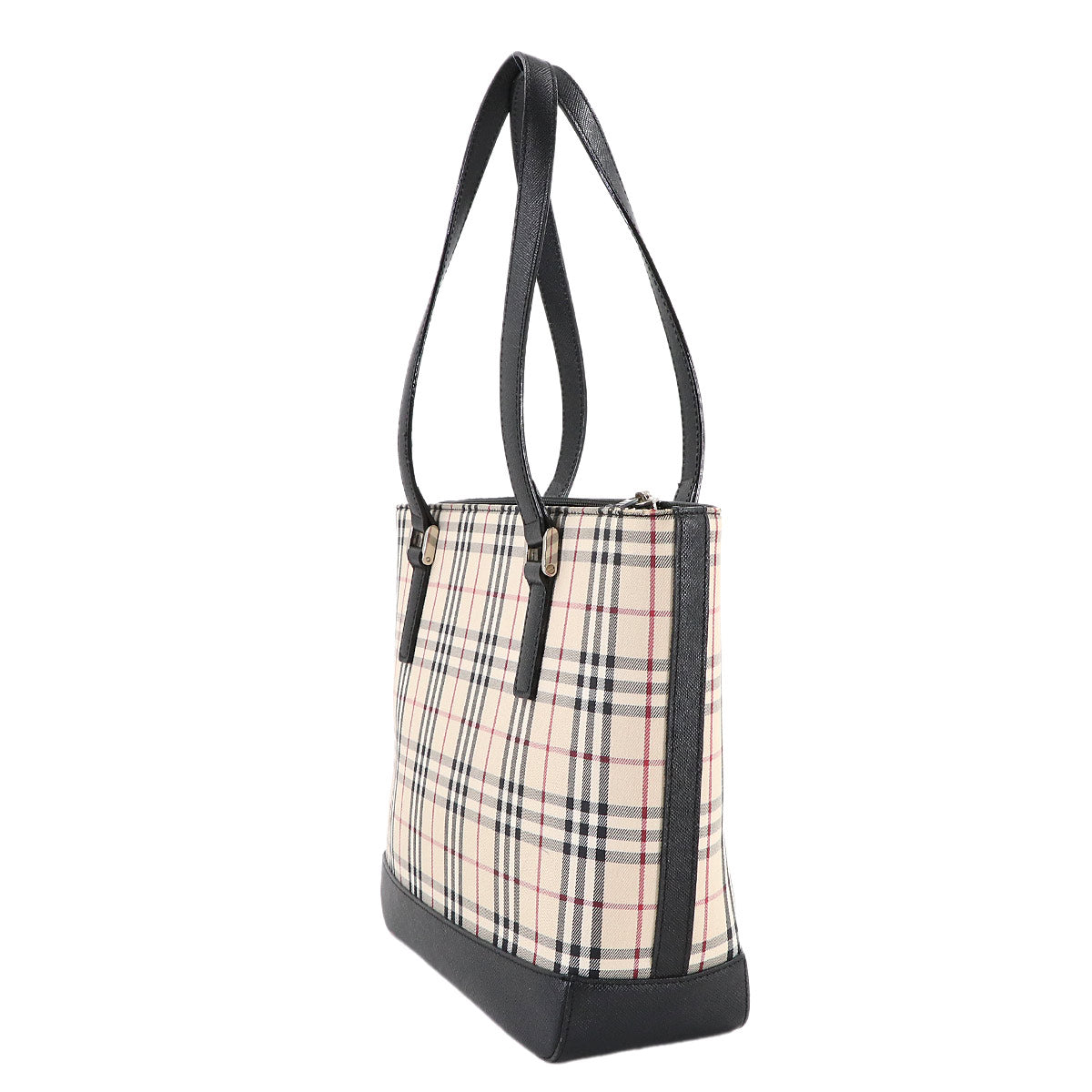 Plaid Tote Bag Canvas Leather Beige Black Purse