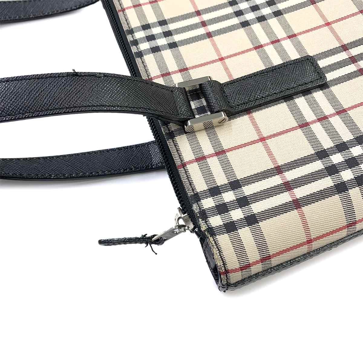 Plaid Tote Bag Canvas Leather Beige Black Purse