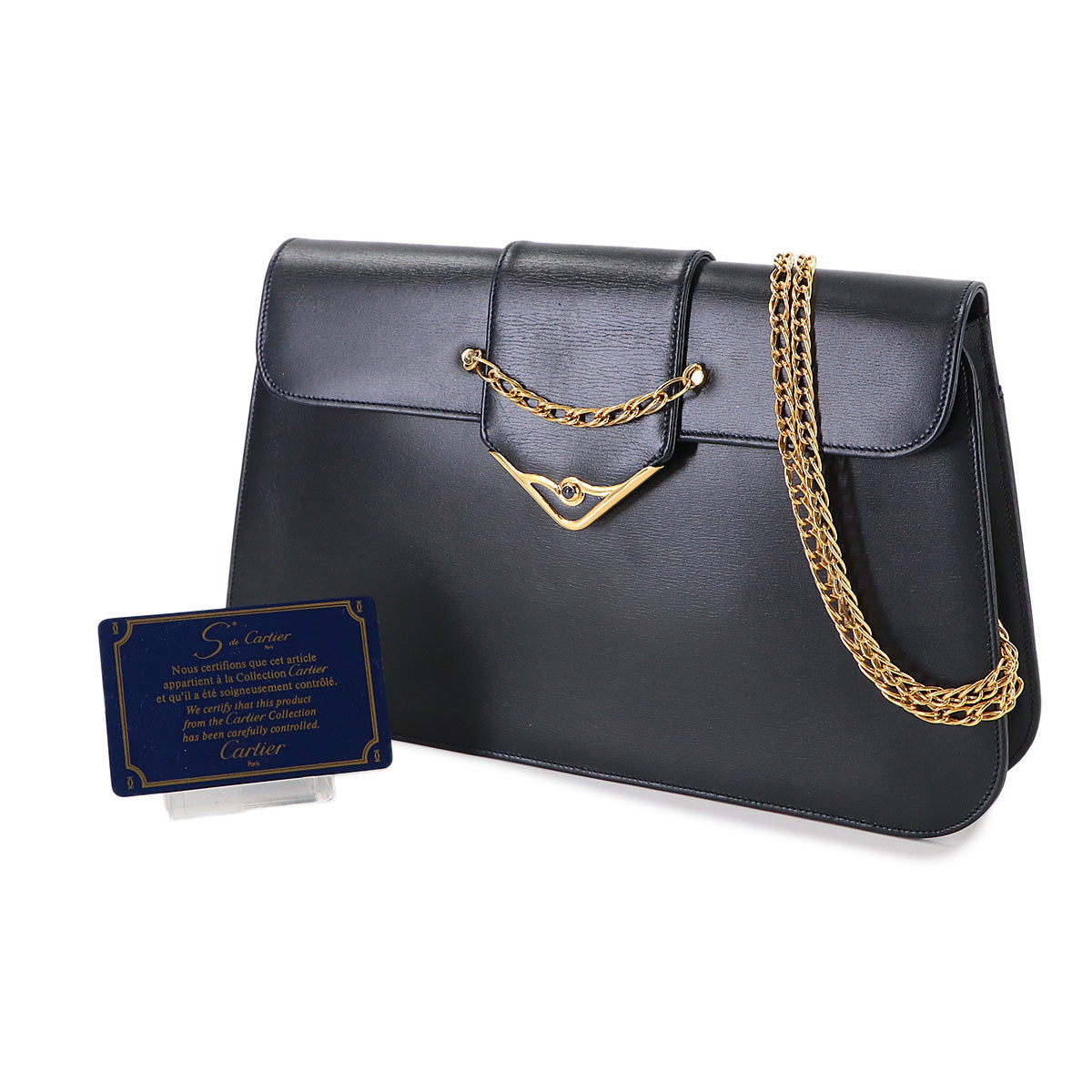 Sapphire Line Chain Shoulder Bag Leather Navy