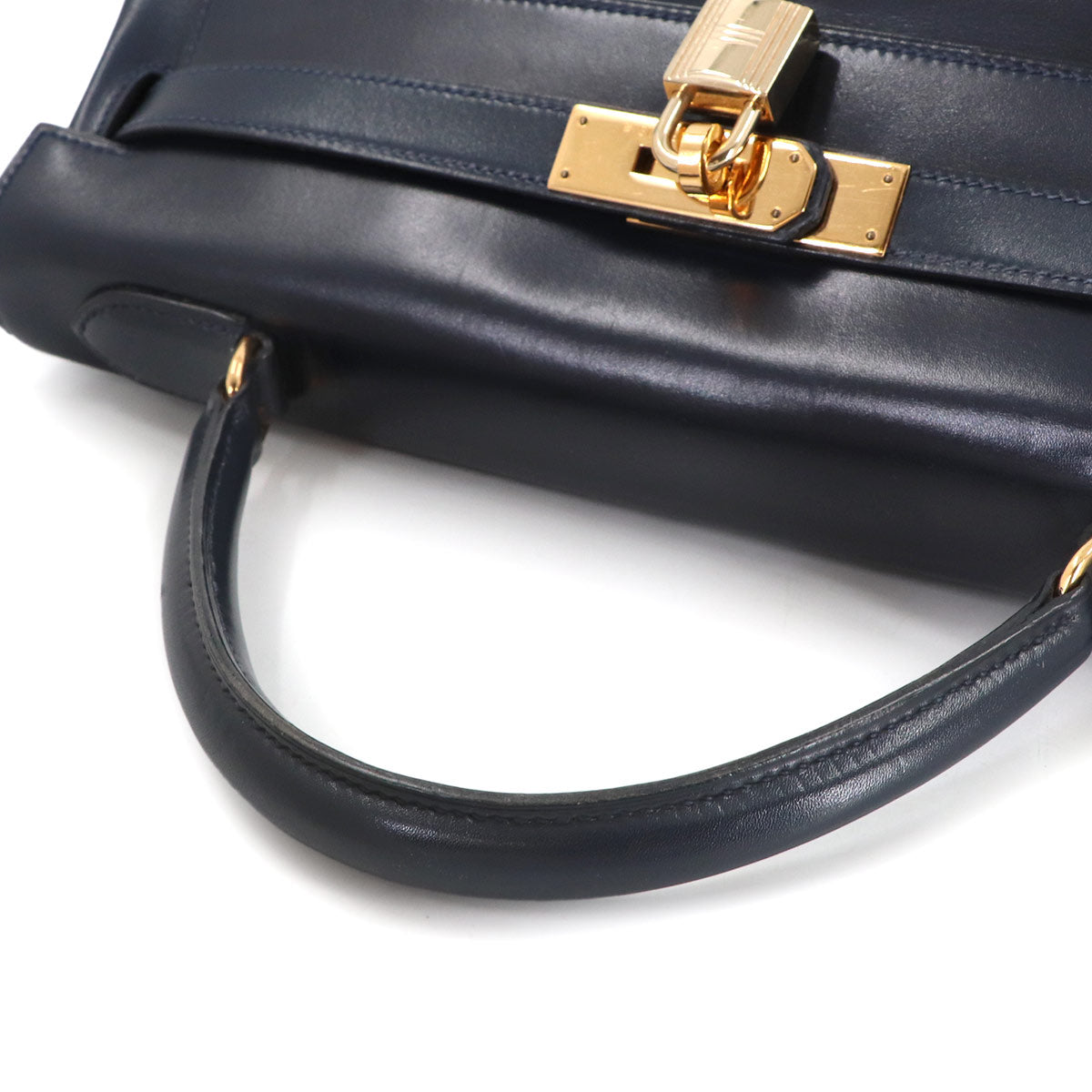 Kelly 32 Box calf Navy Hand Bag Vintage Purse