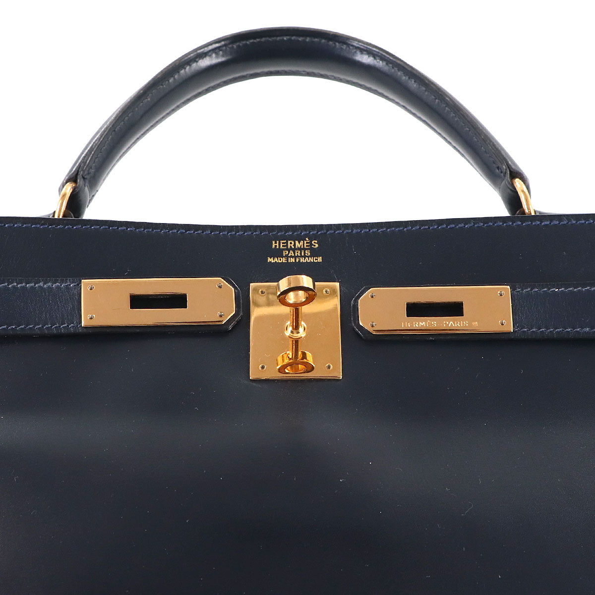 Kelly 32 Box calf Navy Hand Bag Vintage Purse