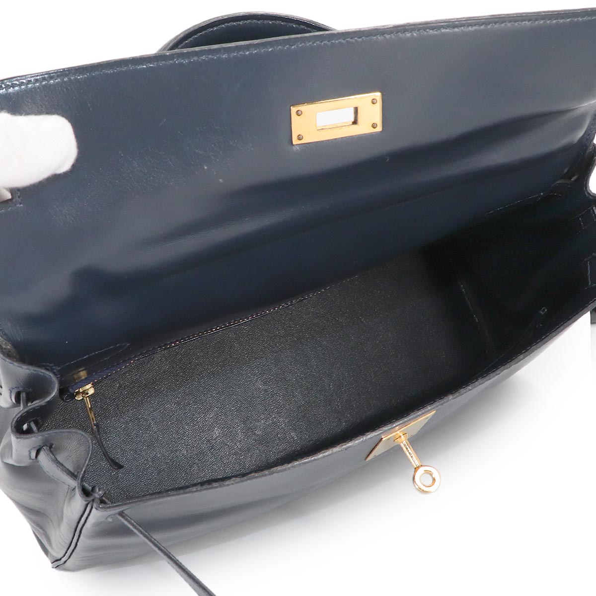 Kelly 32 Box calf Navy Hand Bag Vintage Purse
