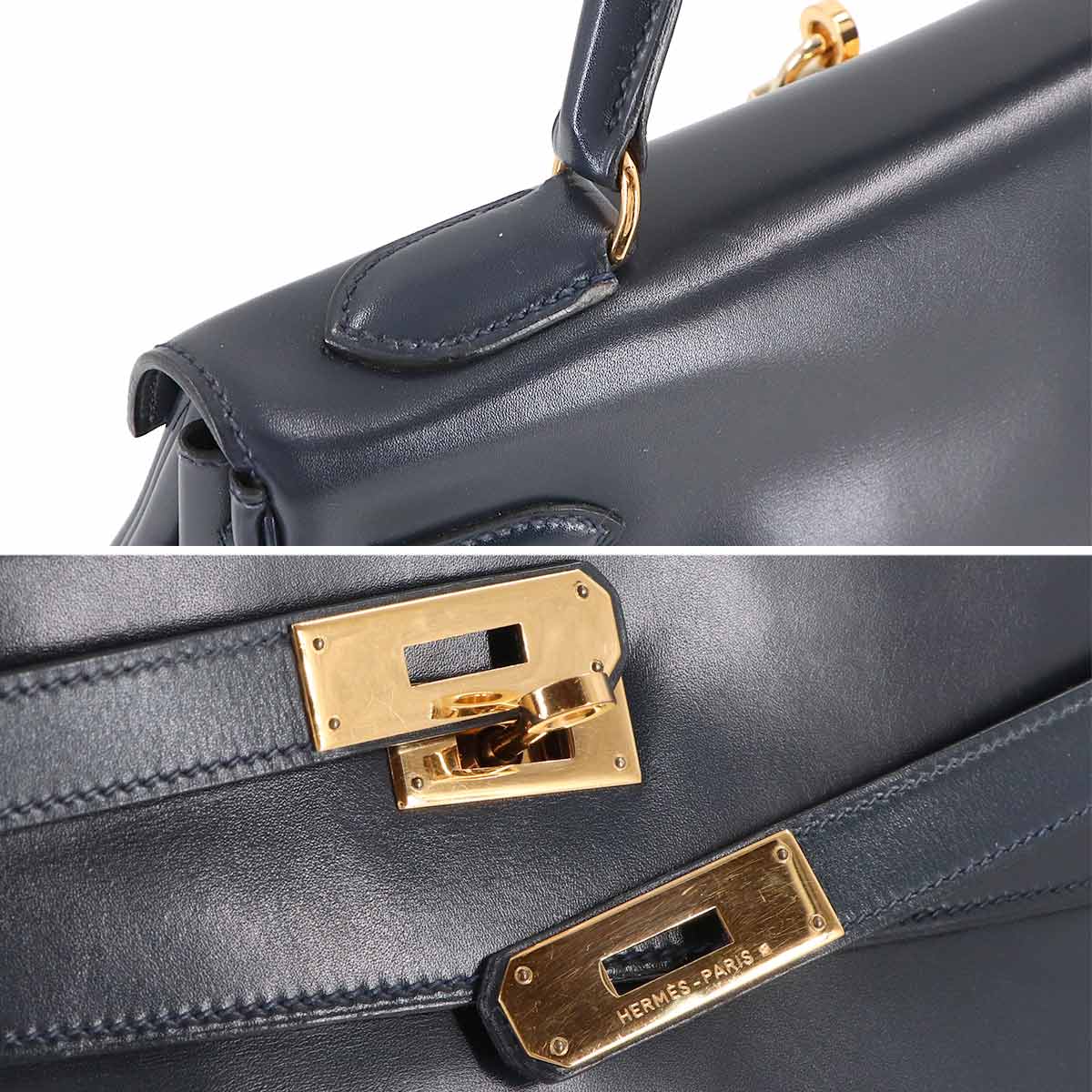 Kelly 32 Box calf Navy Hand Bag Vintage Purse