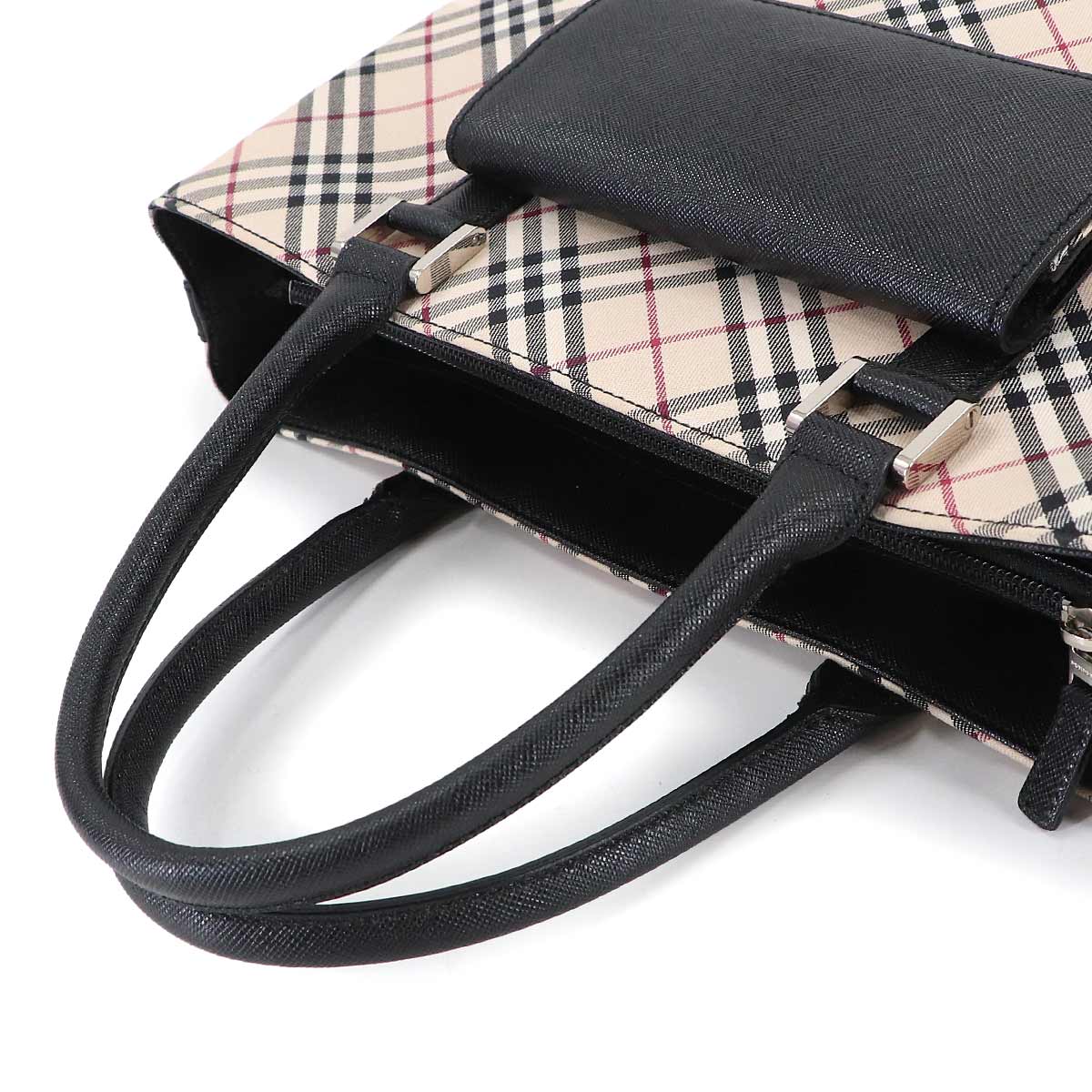Plaid Hand Bag Canvas Leather Beige Black Purse