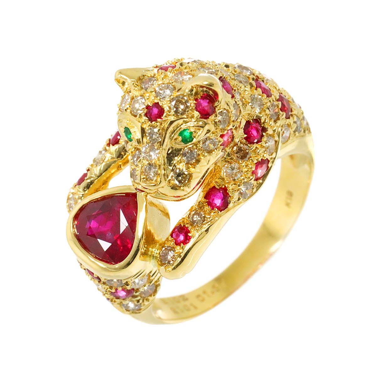Ruby 1.02ct/1.01ct Diamond 1.37ct Emerald Ring 18K YG size7.5(US)