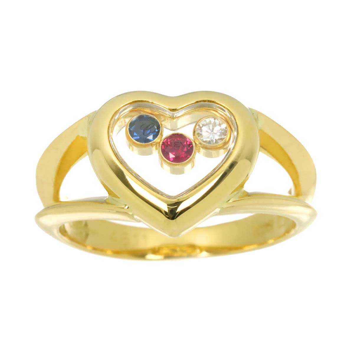 Happy Diamond Heart Sapphire Ruby Ring 18K YG 750 Size5-5.25US