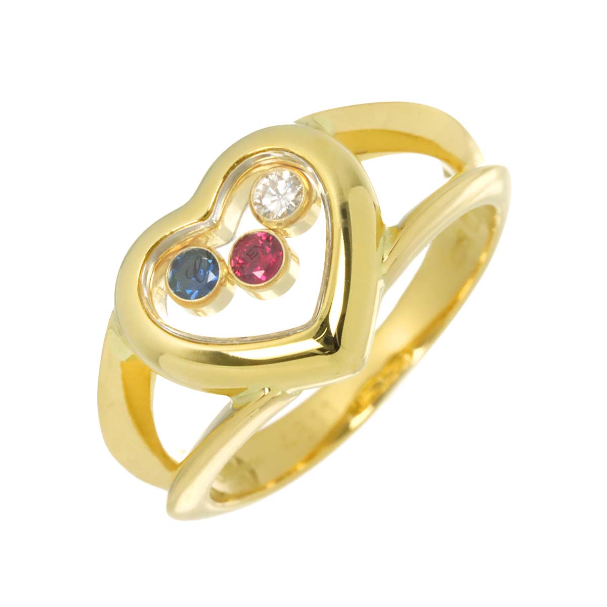 Happy Diamond Heart Sapphire Ruby Ring 18K YG 750 Size5-5.25US