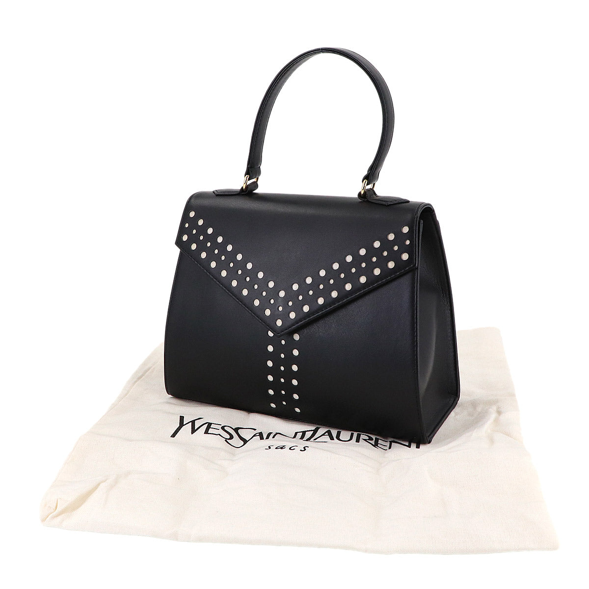 Hand Bag Leather Black White Dot Vintage