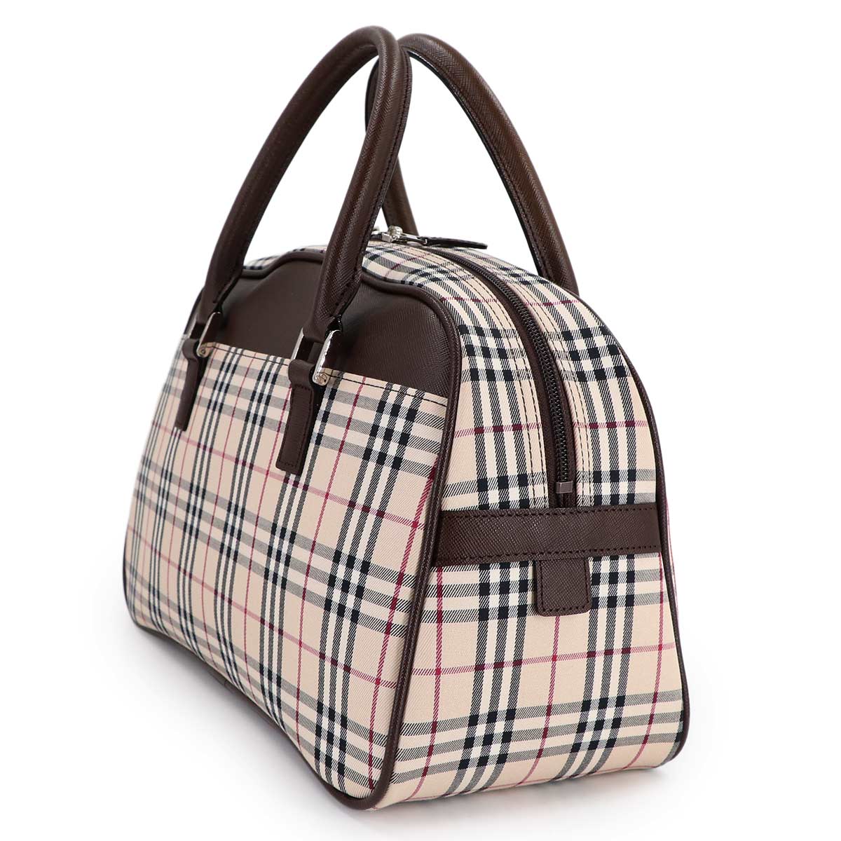 Plaid Boston Hand Bag Canvas Leather Beige Brown Purse