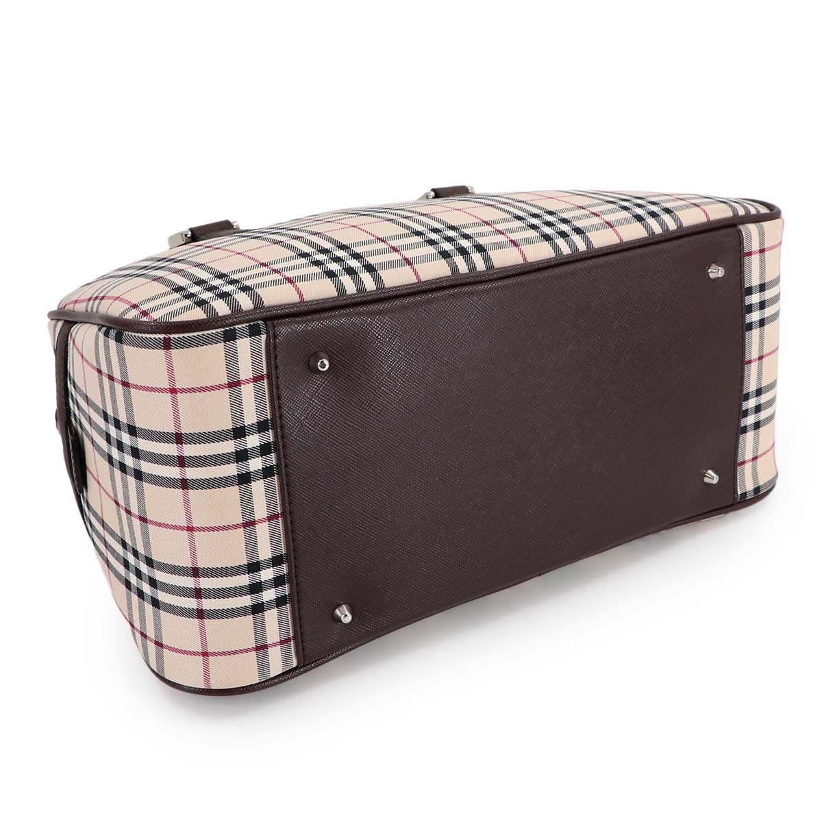 Plaid Boston Hand Bag Canvas Leather Beige Brown Purse