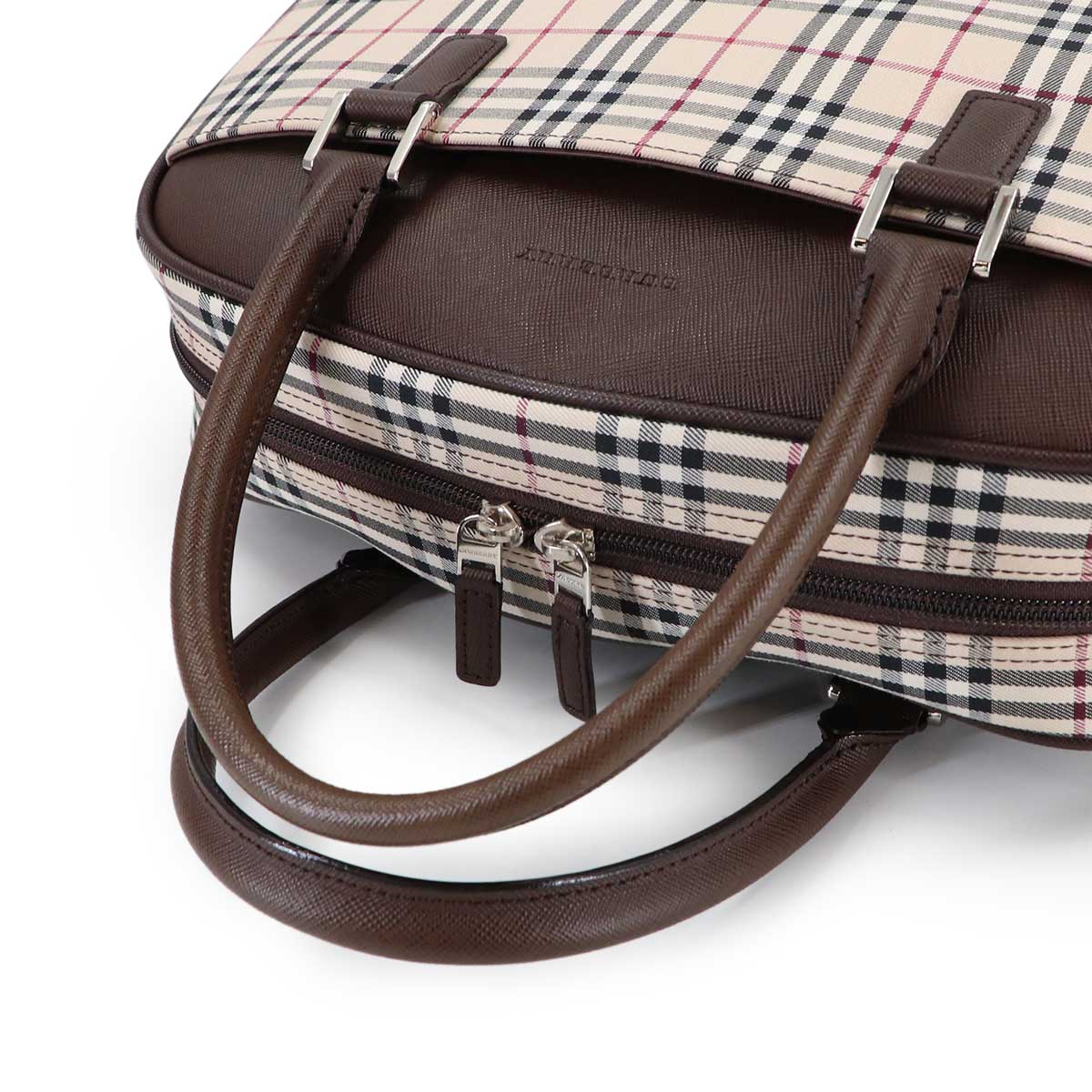 Plaid Boston Hand Bag Canvas Leather Beige Brown Purse