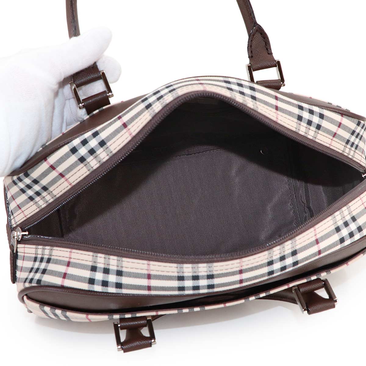 Plaid Boston Hand Bag Canvas Leather Beige Brown Purse