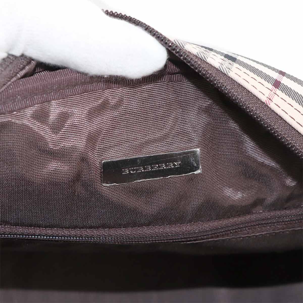 Plaid Boston Hand Bag Canvas Leather Beige Brown Purse