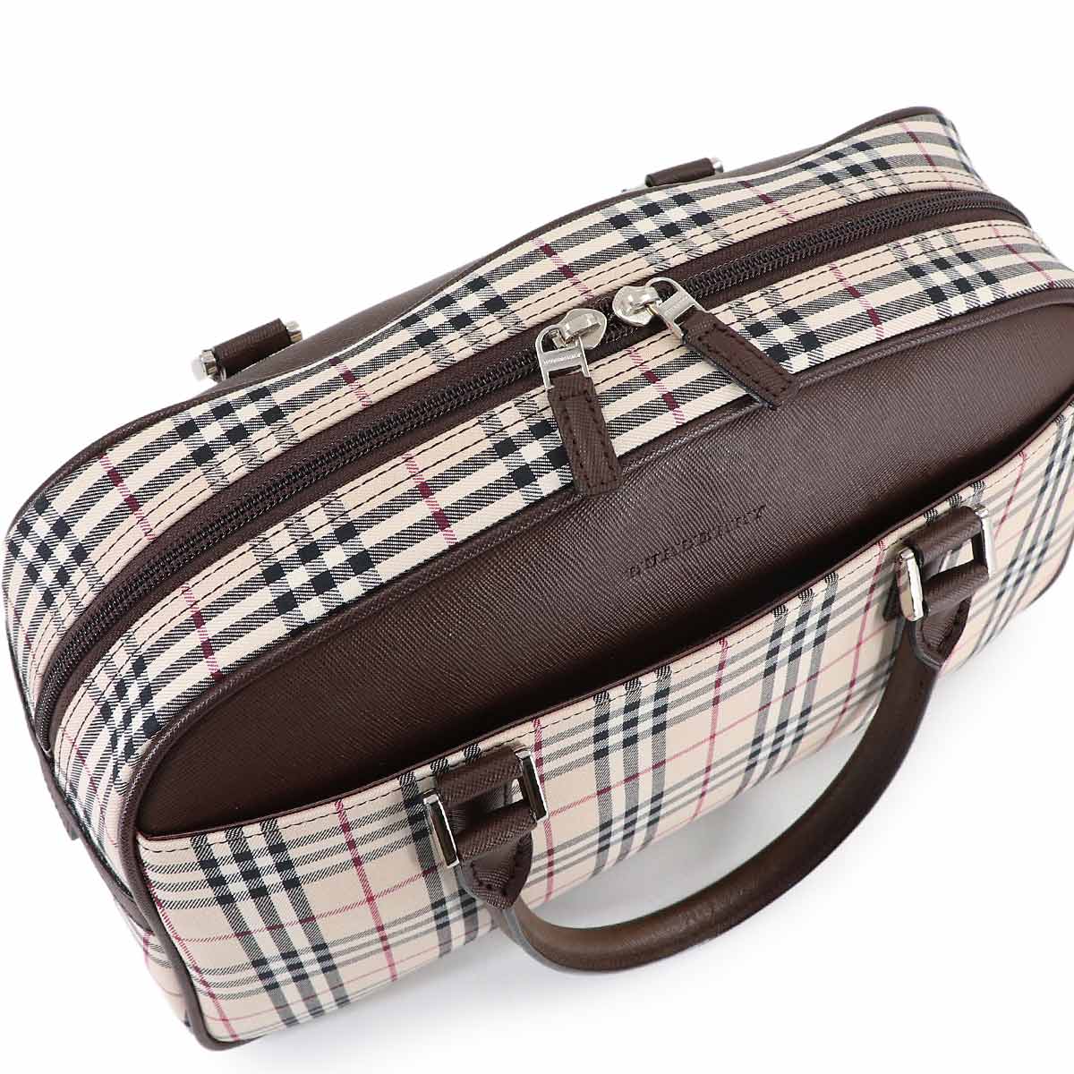 Plaid Boston Hand Bag Canvas Leather Beige Brown Purse