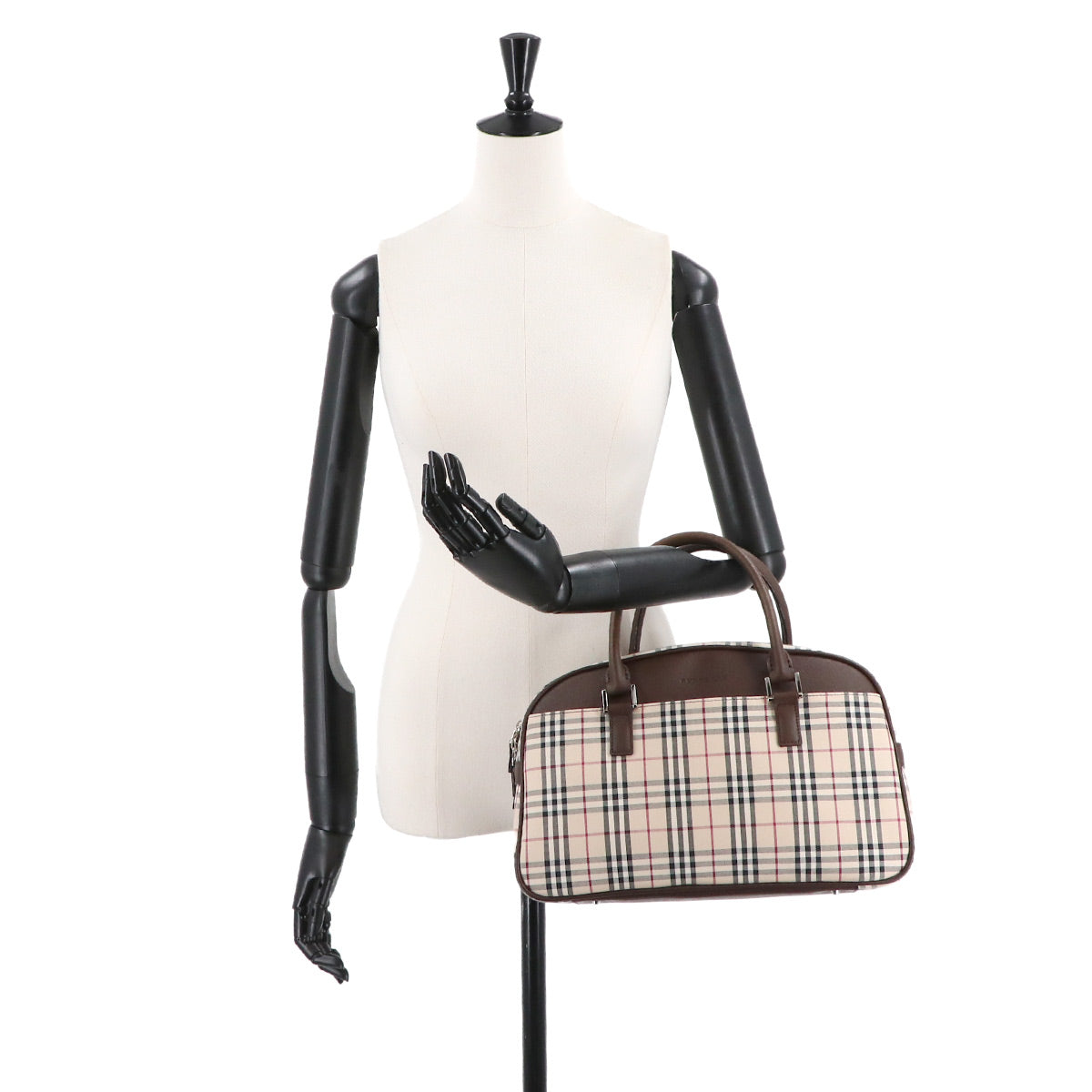 Plaid Boston Hand Bag Canvas Leather Beige Brown Purse