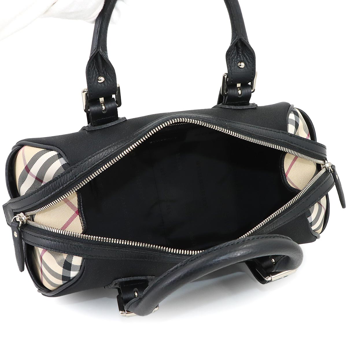 Plaid Boston Hand Bag Canvas Leather Beige Brown Purse