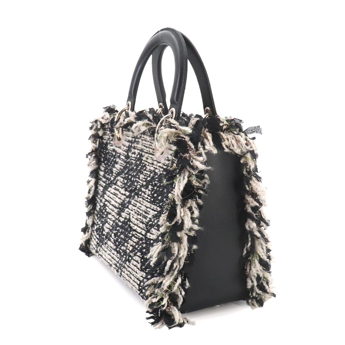 Lady Dior Medium Hand Bag Tweed Leather Black