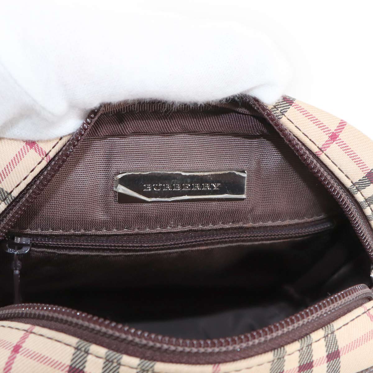 Plaid Shoulder Bag Canvas Leather Beige Brown Purse