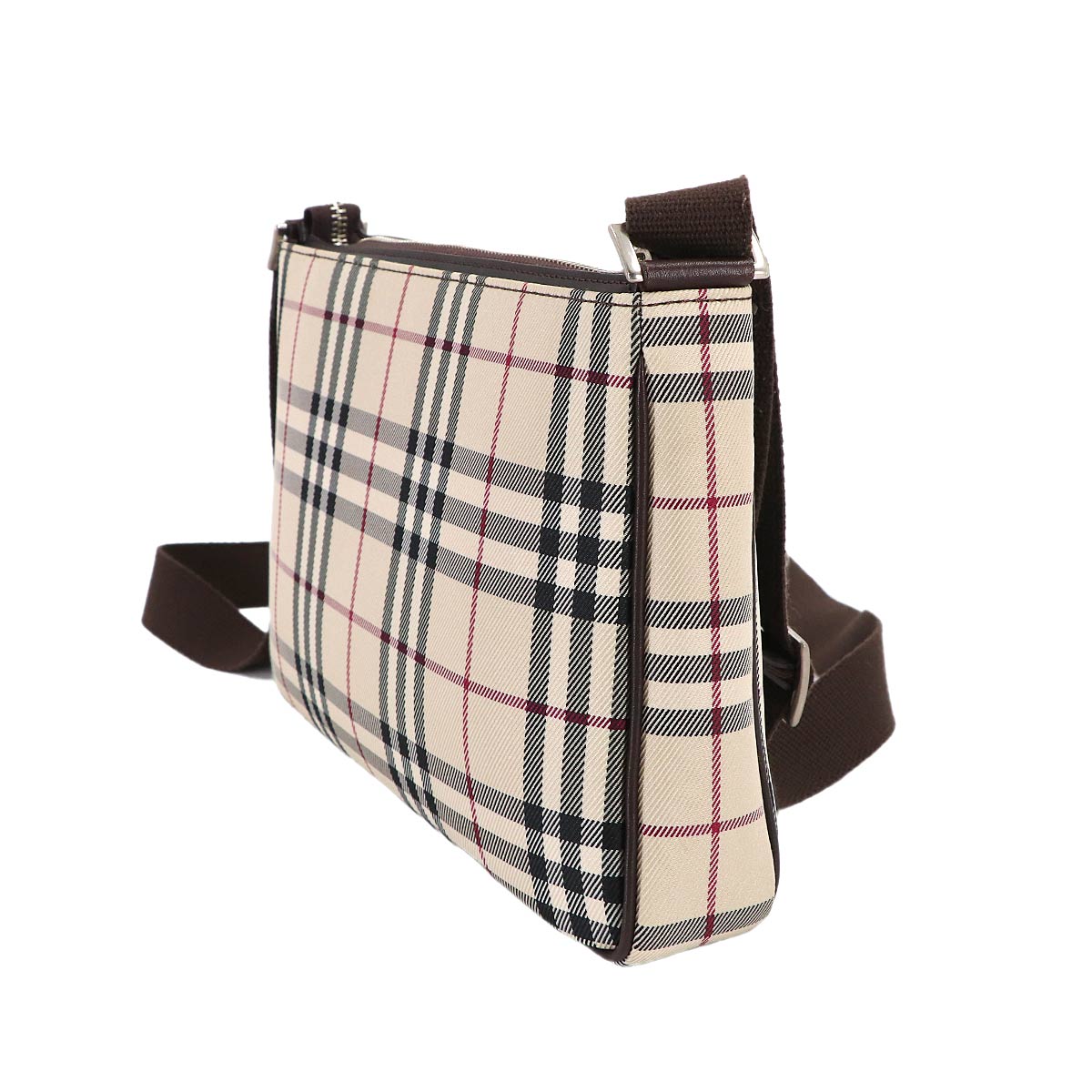 Plaid Shoulder Bag Nylon Leather Beige Brown Purse