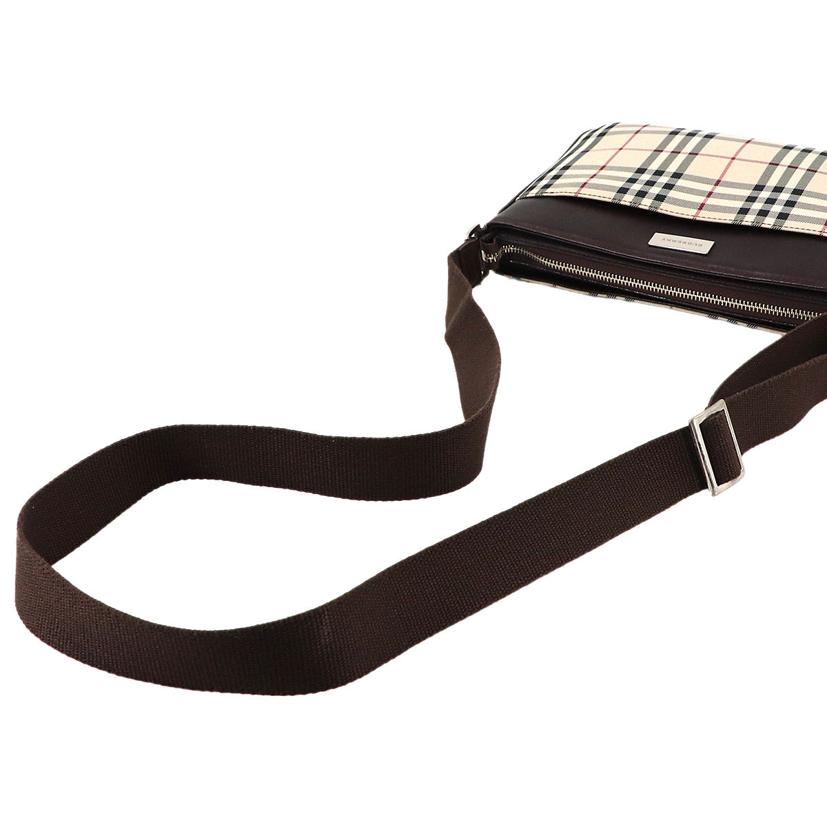 Plaid Shoulder Bag Nylon Leather Beige Brown Purse