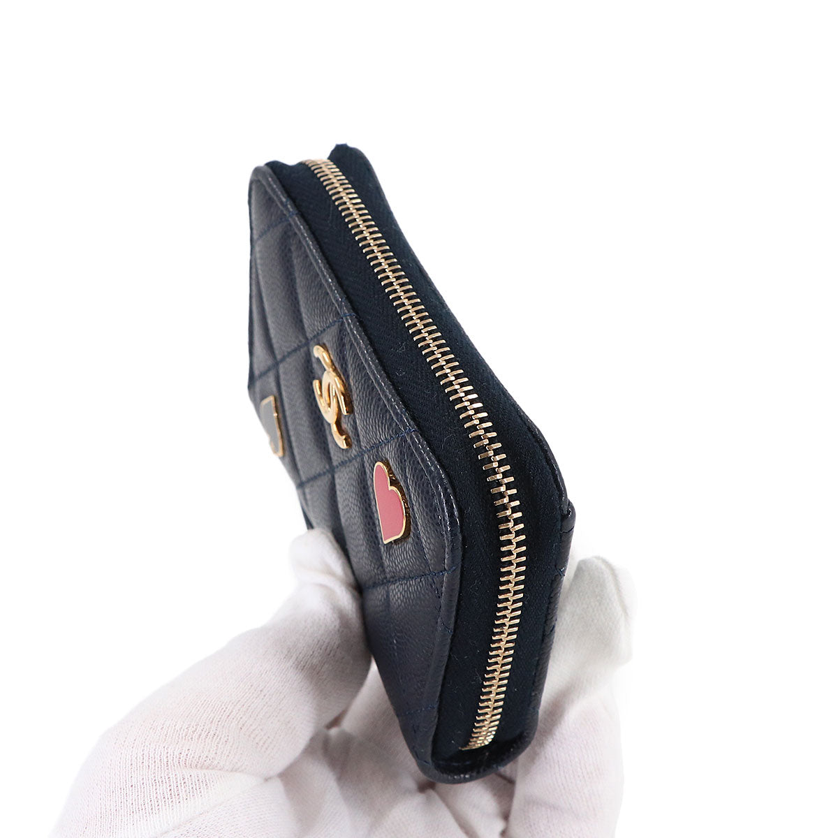 Matelasse Zipped Coin Purse Leather Navy AP3082 Heart